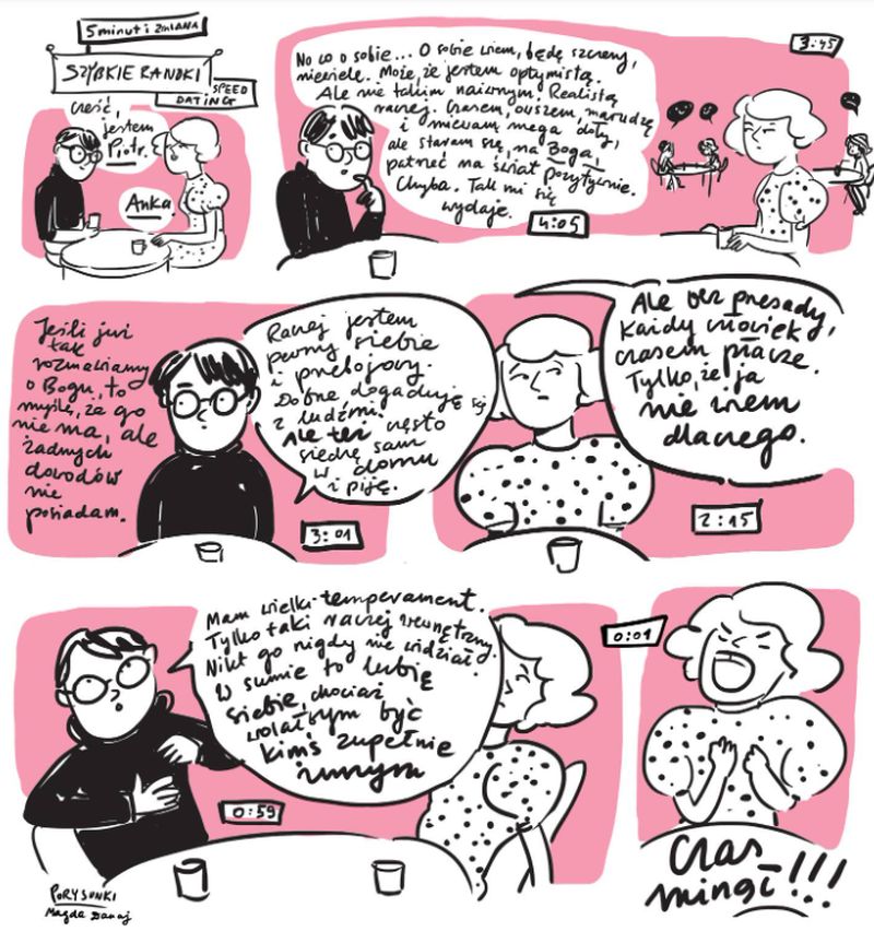 Felieton w formie komiksu z dialogami w chmurkach (facebook.com/magda.danaj)